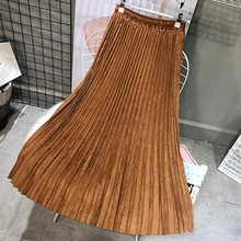 Новинка, женские зимние юбки, замшевые женские винтажные плиссированные юбки с высокой талией, повседневные женские длинные юбки-пачки, армейский зеленый