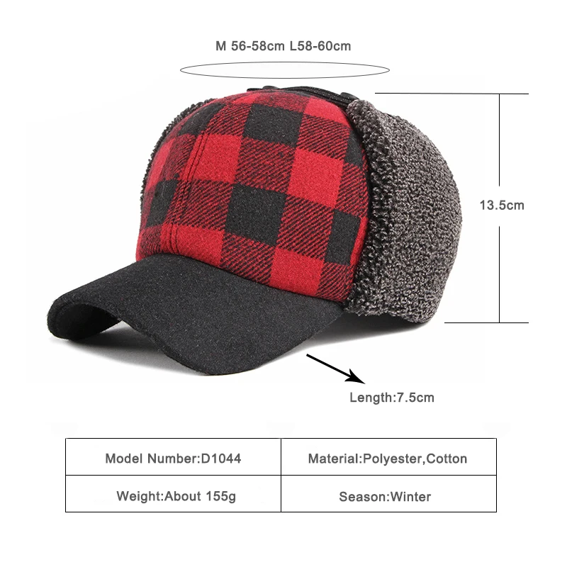 Winter Bomber Hats Men Women Thicken Russian Trapper Hat Earflap Baseball cap Red Black Plaid Windproof