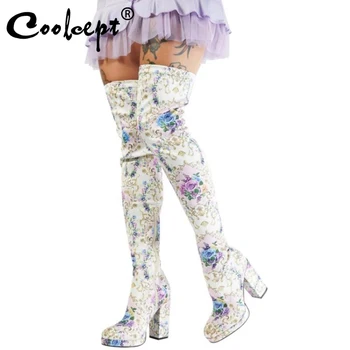 

Coolcept Size 35-43 Women Stretch Boots Flowers Fashion Platform Warm Winter Shoes Sexy High Heel Long Boot Lady Party Footwear
