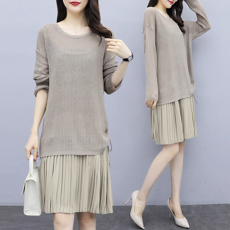 

2019 Autumn Clothing New Style Large Size Dress Korean-style Hollow out Knitted Sweater + Pleat Strapped Dress Two-Piece Set Wom