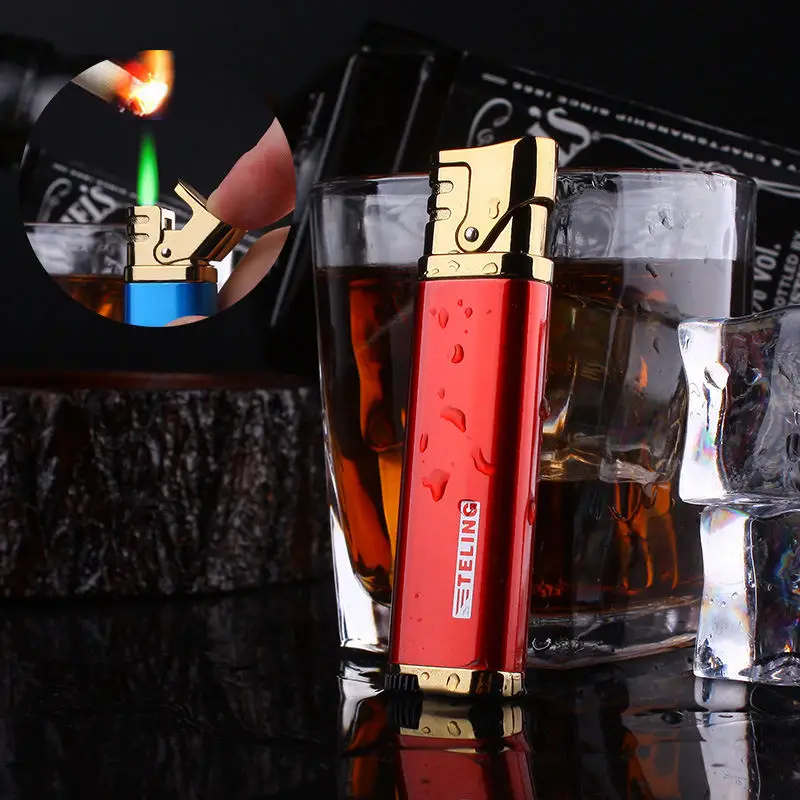 

Metal Lighters Windproof Gas Lighter Cigar Butane Lighters Long Strip Portable Small Cigarette Lighter Green Flame