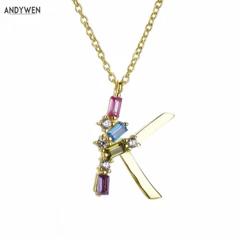 

ANDYWEN 925 Sterling Silver Gold Letter K T Alphabet Necklace Initial Colorful Zircon Crystal Colar Long Chain Necklace Jewelry