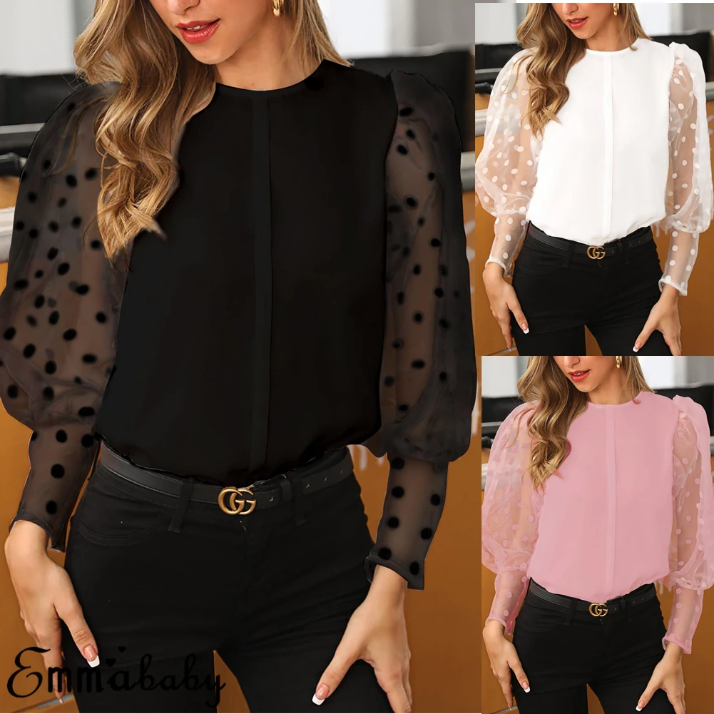 Женская прозрачная сетчатая блуза в горошек с длинным рукавом, Рубашки, Топы, рубашки, черная Розовая белая блузка