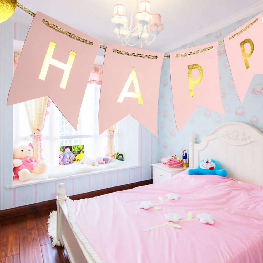 2 m Party Banner Paper Pink Happy Birthday Wedding Hanging Bunting Decoration Accessory