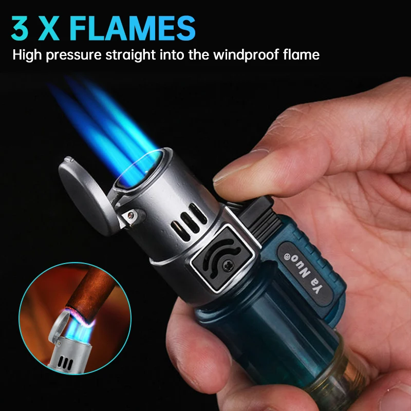 

Triple Flame Straight Spray Gun Metal Cigarette Lighter Windproof Ignition Inflatable Butane Jet Torch Lighters Smoking Gadgets