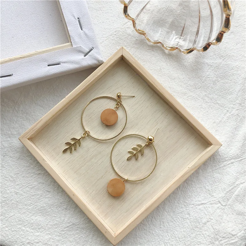 Drop-Earrings Hoop Pendent Ear-Jewelry Asymmetrical Leaf Wood Korean-Leaves Handmade