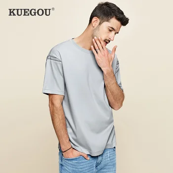 

KUEGOU 2020 Summer Cotton Embroidery Plain Gray T Shirt Men Tshirt Brand T-shirt Short Sleeve Tee Shirt Male Wear Top 0236