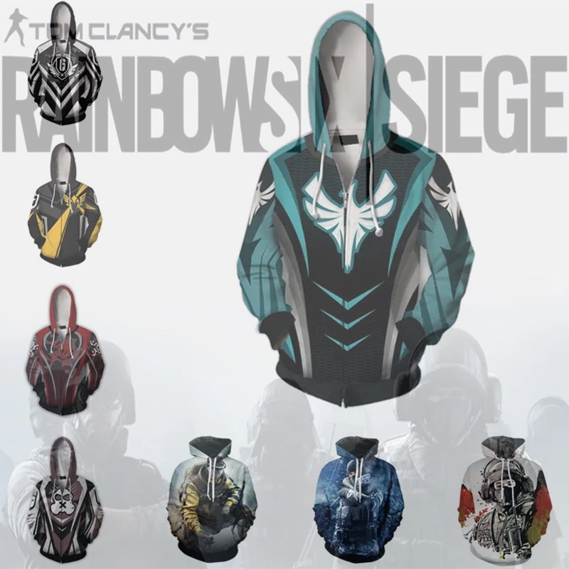 Ceny Drukowanie 3D Tom Clancy sześciokolorowa tęcza Siege Game Hero Cosplay bluza z kapturem bluza męska Top sweter bluza z kapturem na zamek przebranie na karnawał