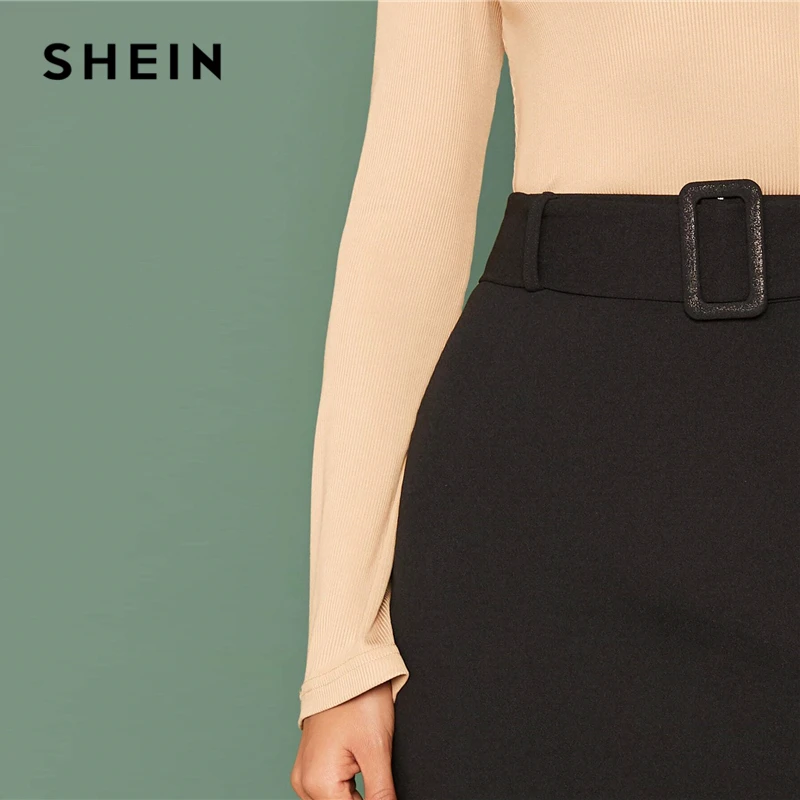 SHEIN черная пряжка с поясом однотонные юбки женские осенние Однотонные эластичные Высокая талия элегантная мини-юбка трапециевидной формы