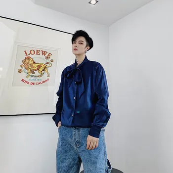 

Men Tie Bow Collar Long Sleeve Loose Blue Shining Casual Shirt Male Vintage Fashion Streetwear Hip Hop Fashion Party Dress Shirt