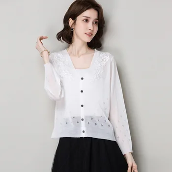 

New knitted long-sleeved cardigan hollow knit top women gray