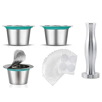 

Reusable Coffee Capsule, Stainless Steel Refillable Coffee Capsule Filter Cup Set with 120 Aluminum Foil Seals, Suitable for Nes