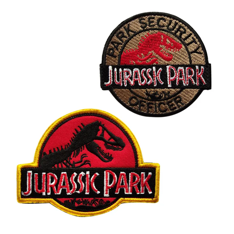 Red Color Jurassic Park Dinosaurs Embroidery Patches Stripes Clothing Punk Stickers Hook&Loop Military Badges Appliques