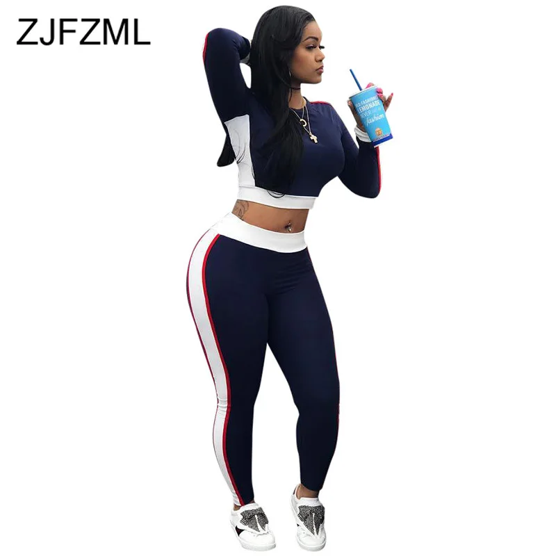 

Striped Sporty 2 Piece Set Sweat Suits Women Round Neck Long Sleeve Crop Top + High Waist Pencil Pants Fall Winter Plus Size Set