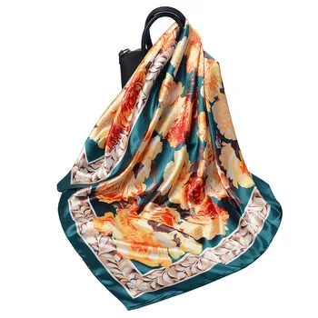 

90cm Peony Floral Brand Design Winter Square Scarf Women Silk Scarf Female Bandana Fashion Hijab Kerchief Scarves For Ladies