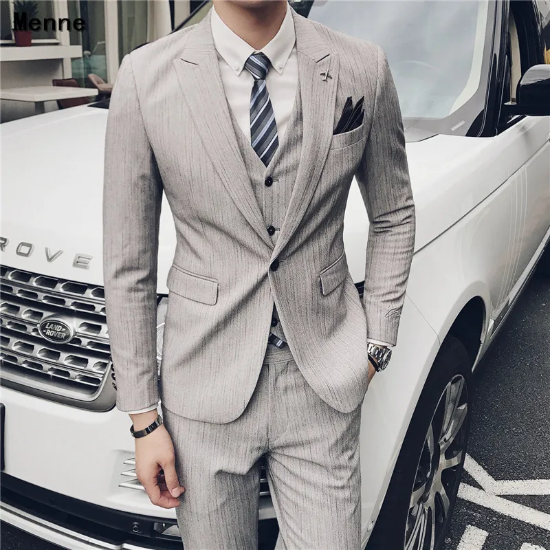 Light grey Мужской костюм из трех предметов; костюм джентльмена с одной пряжкой - Цвет: Light grey