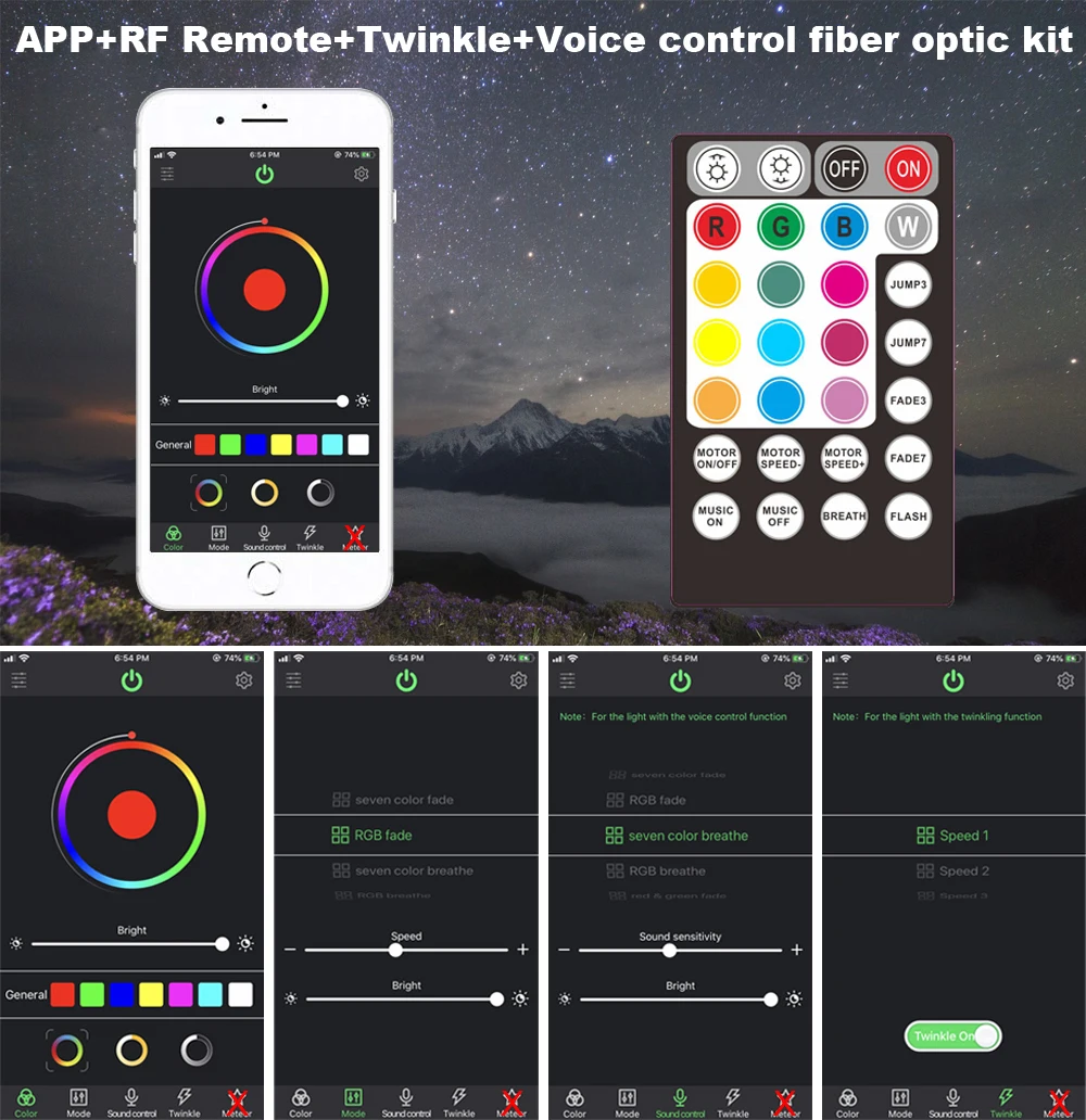 APP Control 16W Musical Flash Fiber Optic Light Engine Car Star Ceiling Light Source RF Remote Sound Control DC12V LED Driver