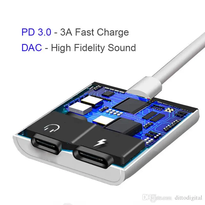 2 in 1 USB C Adapter Audio and Charger Splitter 3A Fast charging and DAC HIFI music 1 Type C Male to 2 Type-C female port for Pixel HuaWei