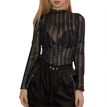 

Women Sexy Striped See-through Bodysuit Turtleneck Tops T-Shirt Blouse Romper 2020 Long Sleeve Mesh Ladies Short Jumpsuit