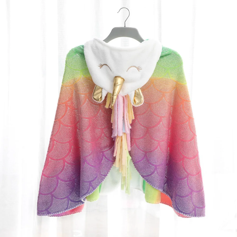 

croal fleece shining rainbow unicorn kids hooded Cardigan Girls outside cape scale grain cloak sparkling girl costumes wearings