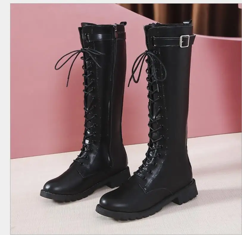 Classic Fashion Black Buckle Strap Long Boots Winter Lace-Up Shoes Women High-Heeled Women Knee-High Long Tube Zipper Boots