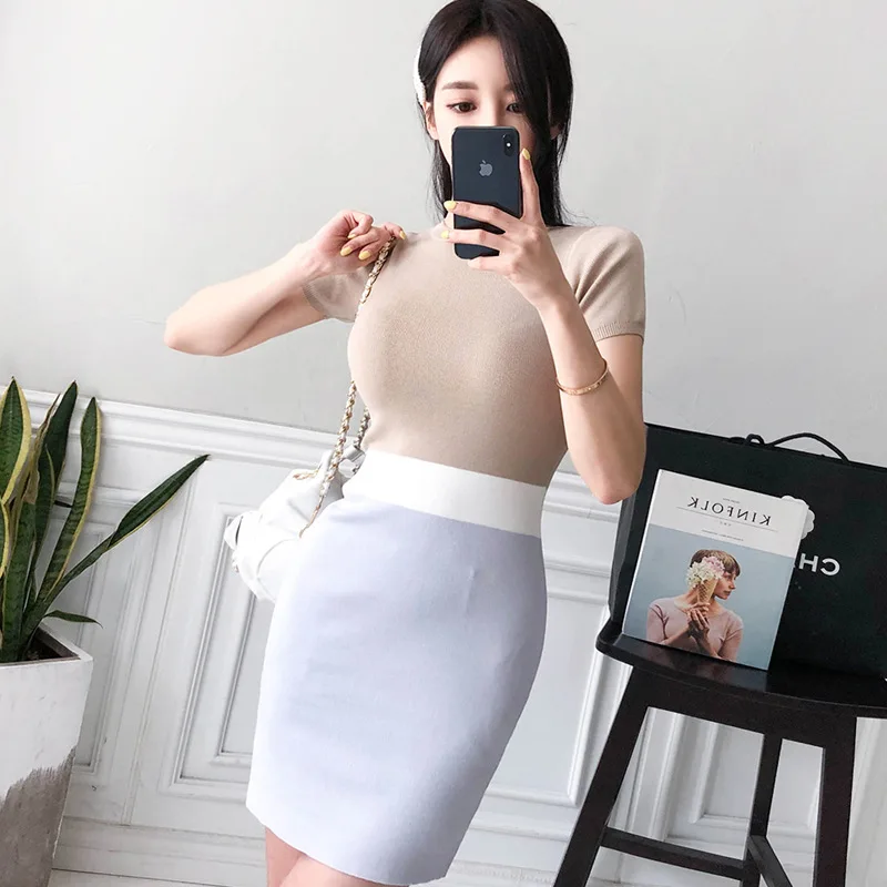 

8935 #2019 Korean-style Summer Wear New Style Joint Contrast Color Slim Fit Slimming Jersey Dress WOMEN'S Bag Hip Short Skirt Fa