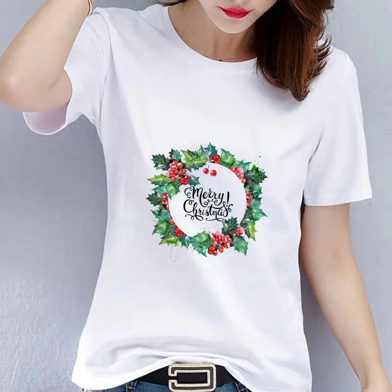 

Christmas Gift Fashion Women T-Shirt Cute Tees Christmas Wreath Graphic Tshirt 90s Top Tees Female