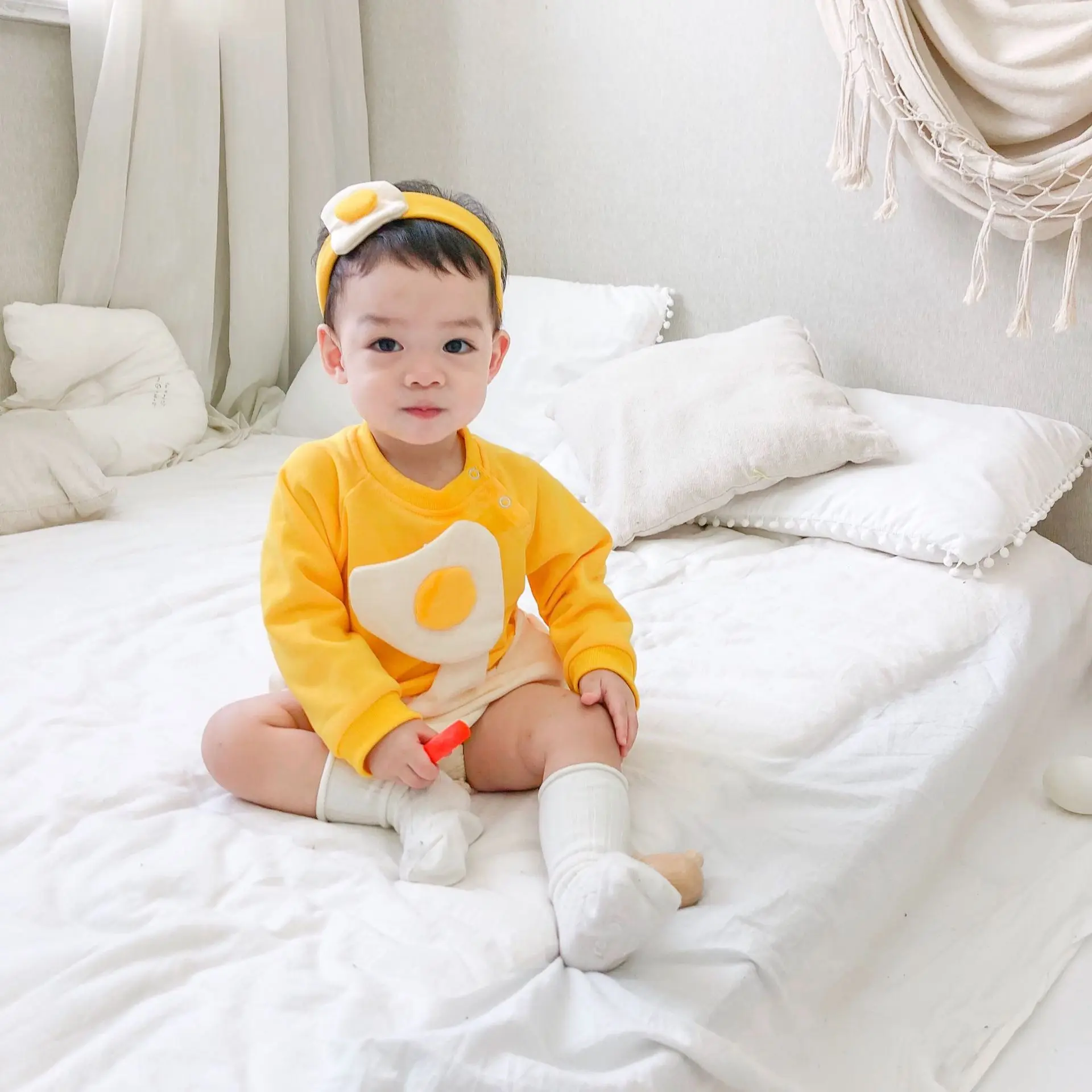 Free Shipping 024m Baby Girl Novelty Fried Egg Hairband Costume Romper