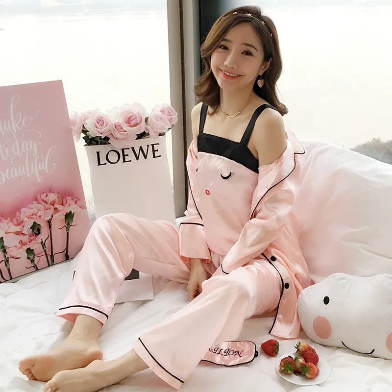 

[2020] Pajamas Women's Eyelash All Seasons Cardigan Camisole Trousers Mid-length Sexy Thin Three-piece Set