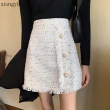 Брендовая дизайнерская женская белая твидовая юбка на одной пуговице, трапециевидная Женская юбка с высокой талией размера плюс, черная юбка для женщин, офисная одежда