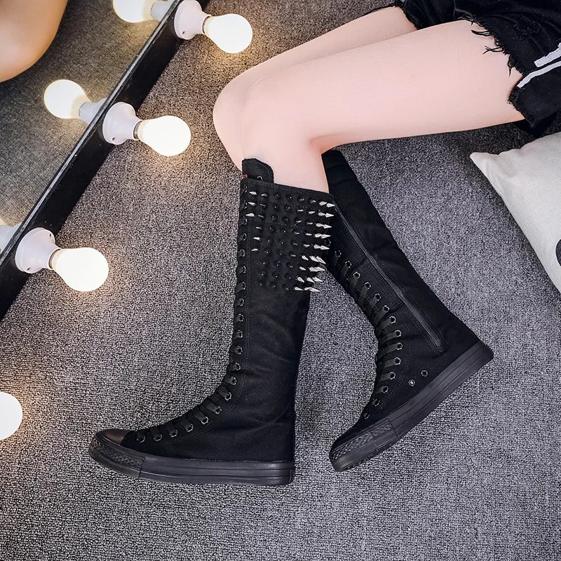 New Spring Autumn Women Shoes Canvas Punk Casual High Top Shoes Long Boots Lace-Up Zipper Comfortable Flat Boots Sneakers