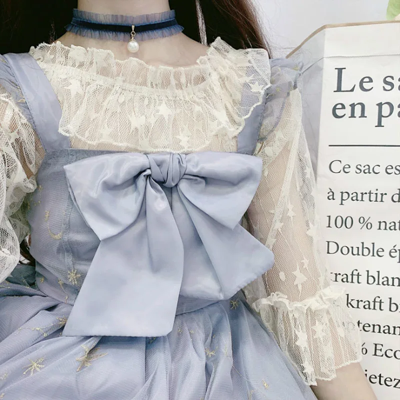 Japanese Sweet Lolita Dress Bow Embroidery Mesh Spaghetti Strap Dress High Waist Elegant Gradient Vestito Party Dresses