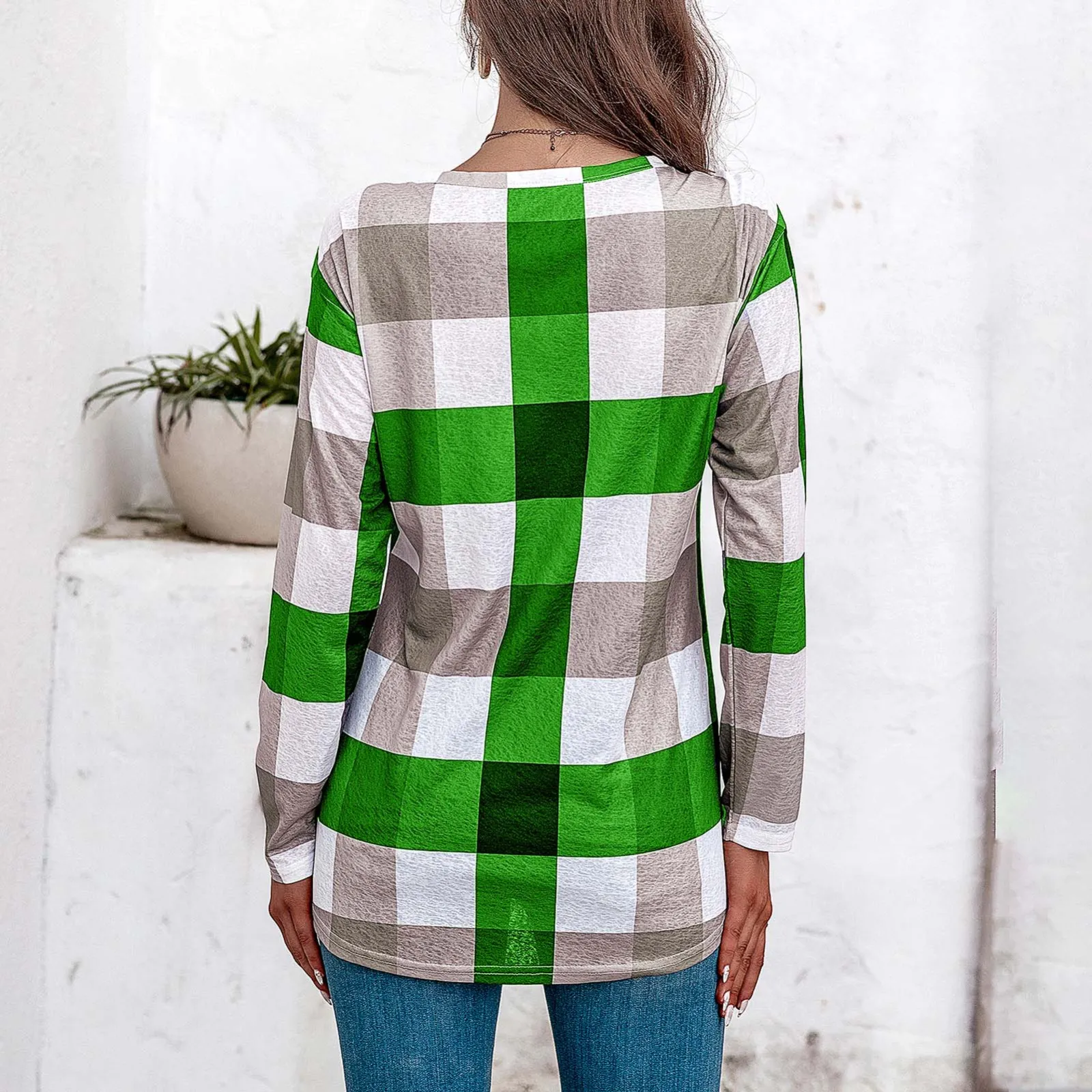 2021 Fashion Women's Blouse Casual Lattice Printed Long Sleeve V-neck Tunic Blouse Tops Vetement Femme 2