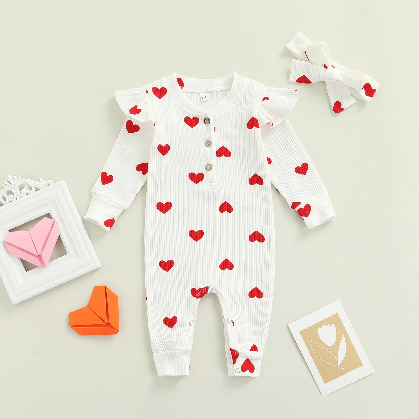Infant Baby Girls Two-piece Clothes Set Heart Print Long Sleeve Crew Neck Romper and Bow Knot Headdress Pink/ White baby rompers,baby jumpsuit