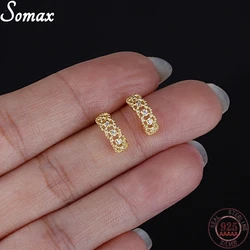 925 Sterling Silver Pavé Crystal Lace Retro Plating 14K Gold Fashion Stud Earrings Women Simple Gorgeous Jewelry Accessories