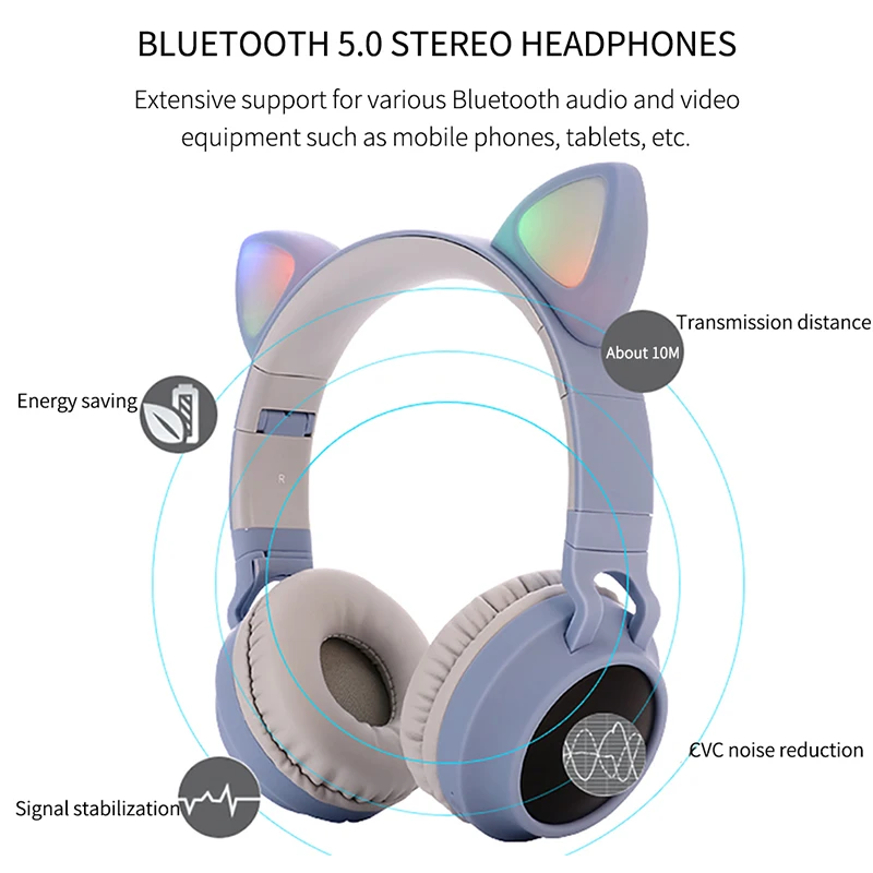 Cat Ear LED Bluetooth Headphone Noise Cancelling Girls Kids Cute Headphones Glowing Light Handsfree Headset Gaming Earphone