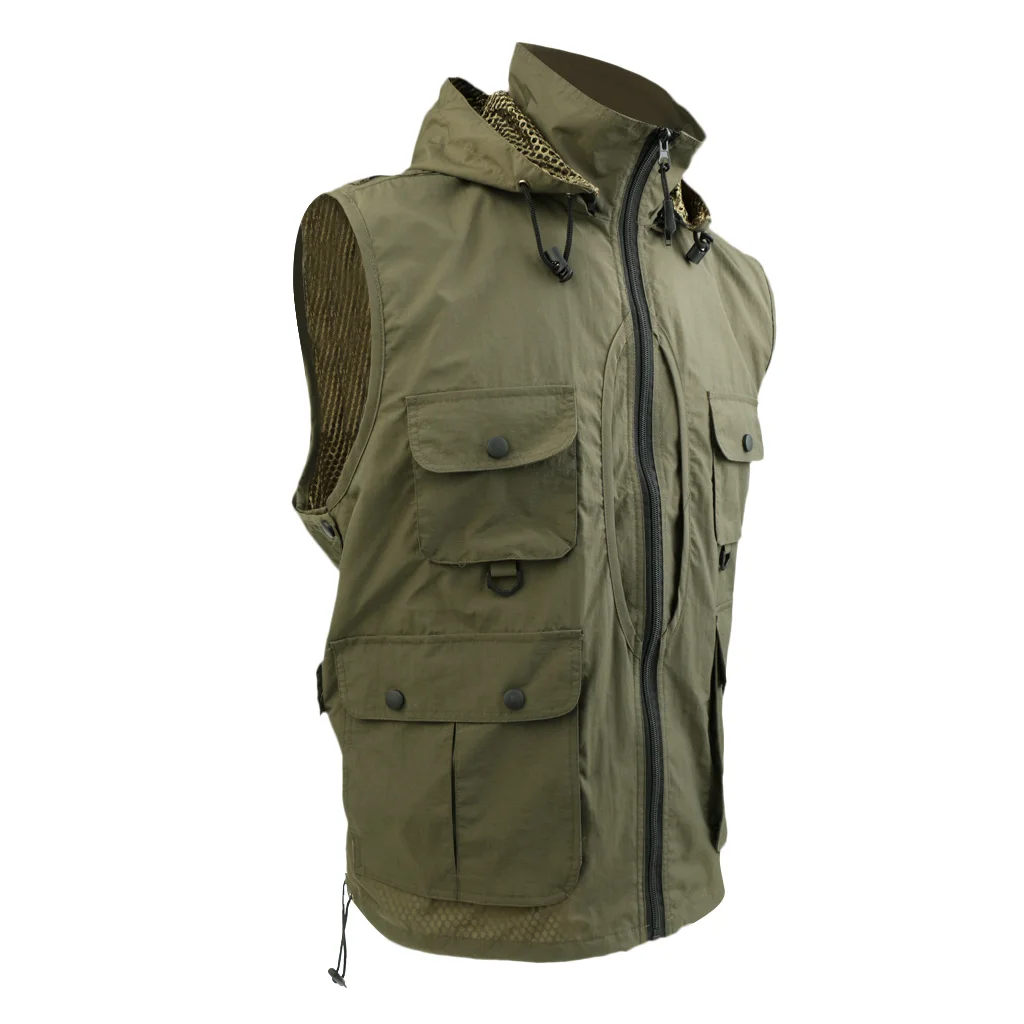 Multi-Pocket Breathable Mesh Vest Detachable Hat Life-Saving Fishing Vest for Fishing Hunting Photography 