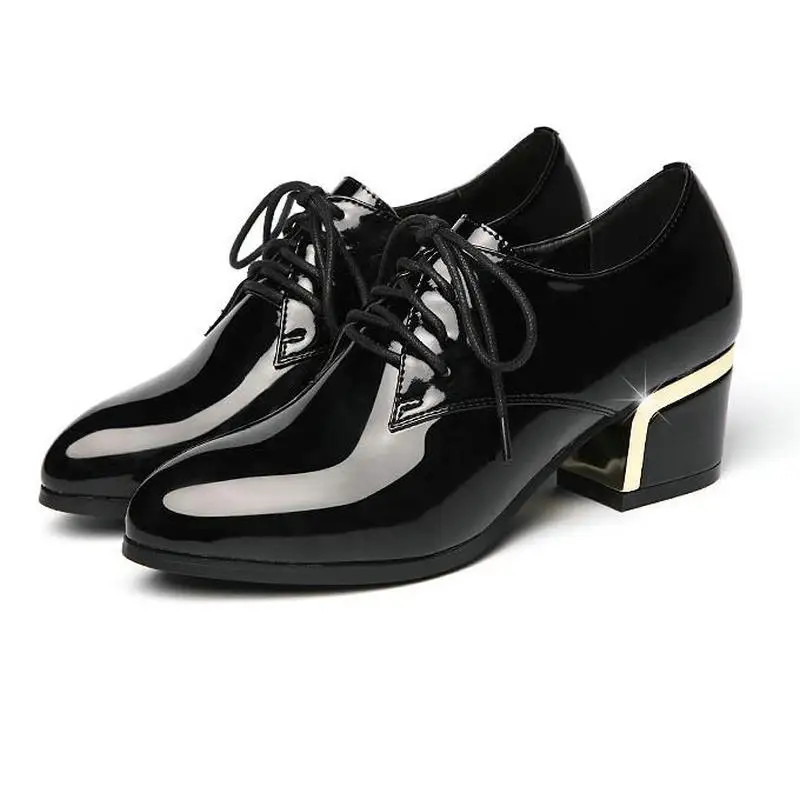 High Quality Patent Leather Deep Mouth Single Shoes Thick Heel Lace Up Oxford Shoe Vintage Japanned Leather Shoes For Women