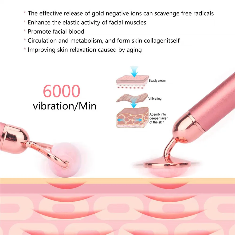 Electric Jade Roller Natural Rose Quartz Vibrator Face Lifting Real Genuine Jade Stone Facial Roller Beauty Massage Tool
