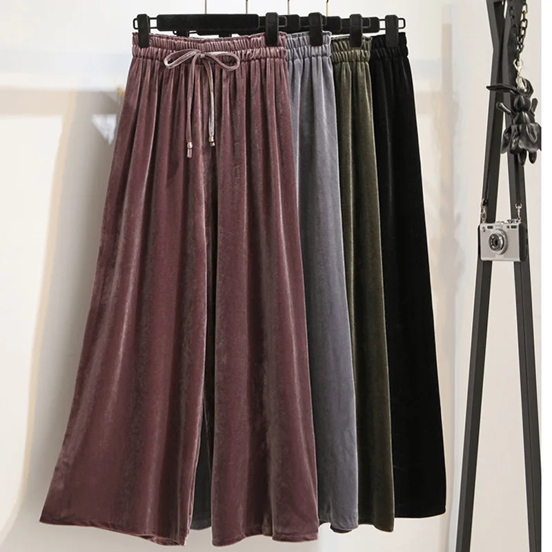 

Women Autumn Winter Warm Slim Gold Velvet Solid Color Loose Wide Leg Pants Casual Elastic Waist Simple Lace Up Black Trousers
