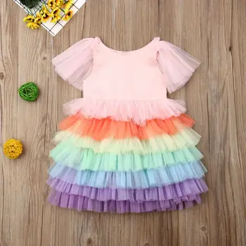 

Kid Baby Girl Tulle Rainbow Party Pageant Princess Bridesmaid Gown Dress Costume