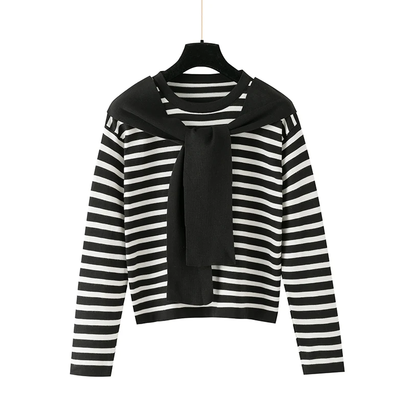 Spring New Womens Knitting Sweater Long Sleeve O Neck Slim Thin Casual Knitwear Spliced Striped