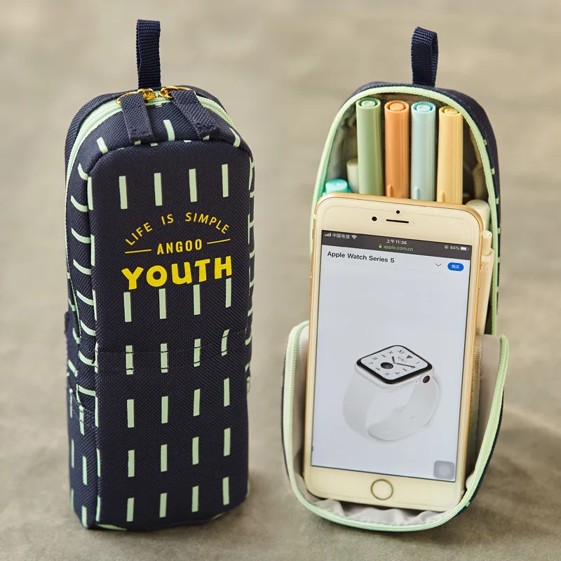 

Angoo [Youth] Pen Bag Pencil Case, Mint Green Stripe Pink Dots Canvas Pens Phone Holder Storage Pouch Stationery School A6530
