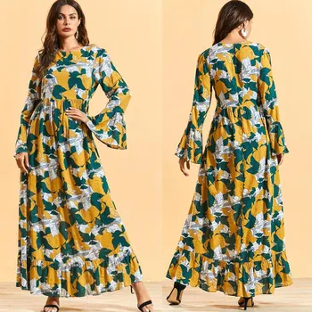 

vestidos Women Summer Floral printed Bohemiah Chiffon beach Long dress Muslim abaya Dress Kaftan Turkey dubai caftan Abaya dress