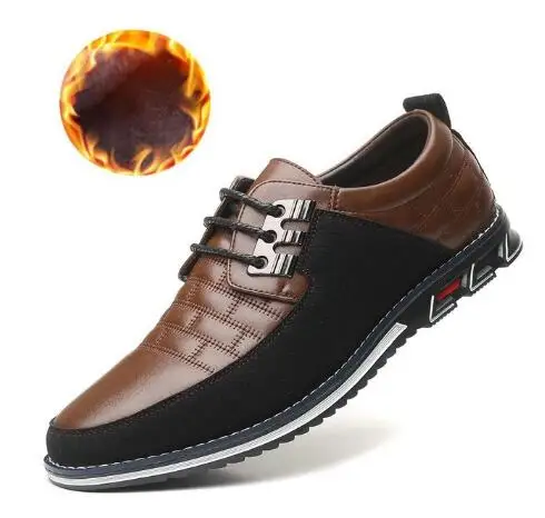 Plus Size 38-48 NEW Leather Men Casual Shoes Brand Mens Loafers Moccasins Breathable Slip On Lace Up Black Driving Shoes H444 - Цвет: brown plush lace up