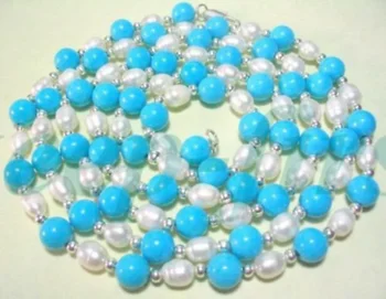 

NEW BRIGHT JEWELRY TURQUOISE&PEARL BEADED NECKLACE 50" 8MM/ 7-8MM