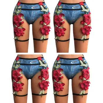 

Womens Sexy High Waist Caged Body Harness Pants Embroidered Rose Flower Leaf Applique Leg Elastic Strappy Lingerie Garter Belt