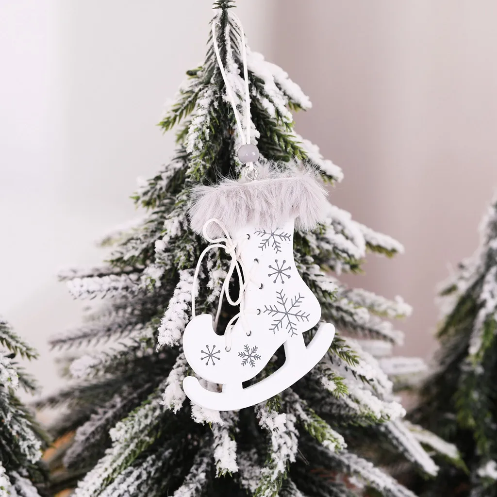 White 10# Рождество окрашенные деревянные печатные коньки пеньковая веревка маленькие подвесные украшения Рождественская елка дети падение украшение новогодние ботинки - Цвет: White