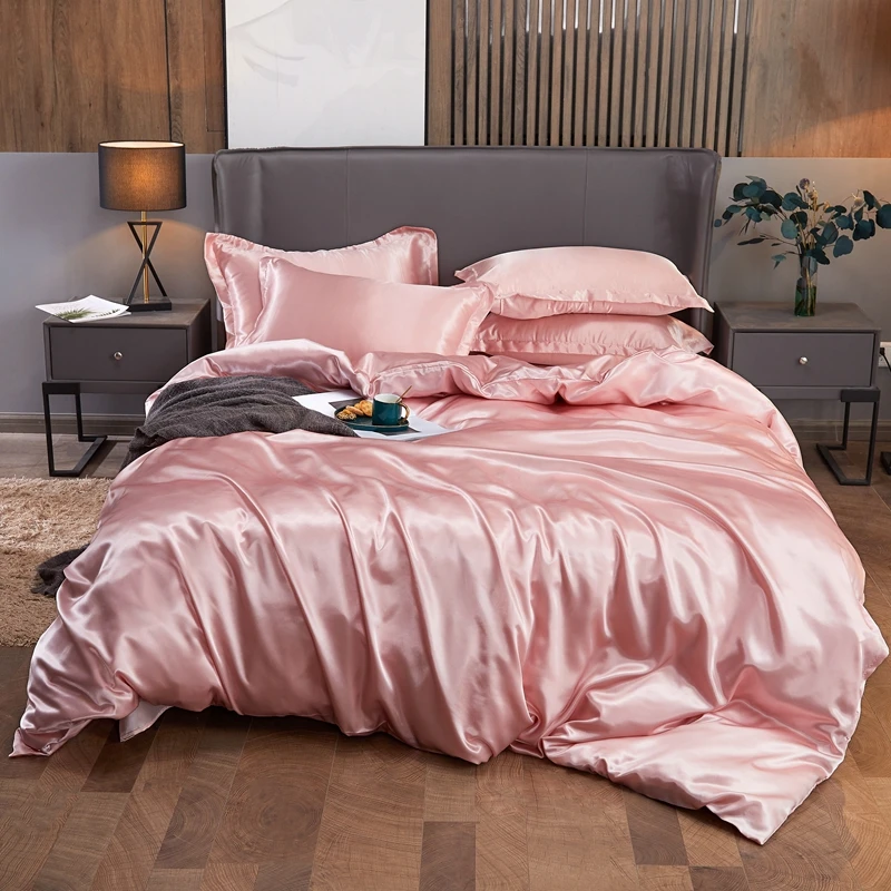 2020 New Glossy Satin Pure colour Bedding Set Shiny Silk Duvet Cover Bed Sheet Pillowcases Single Full Queen King size 3pcs | Дом и сад