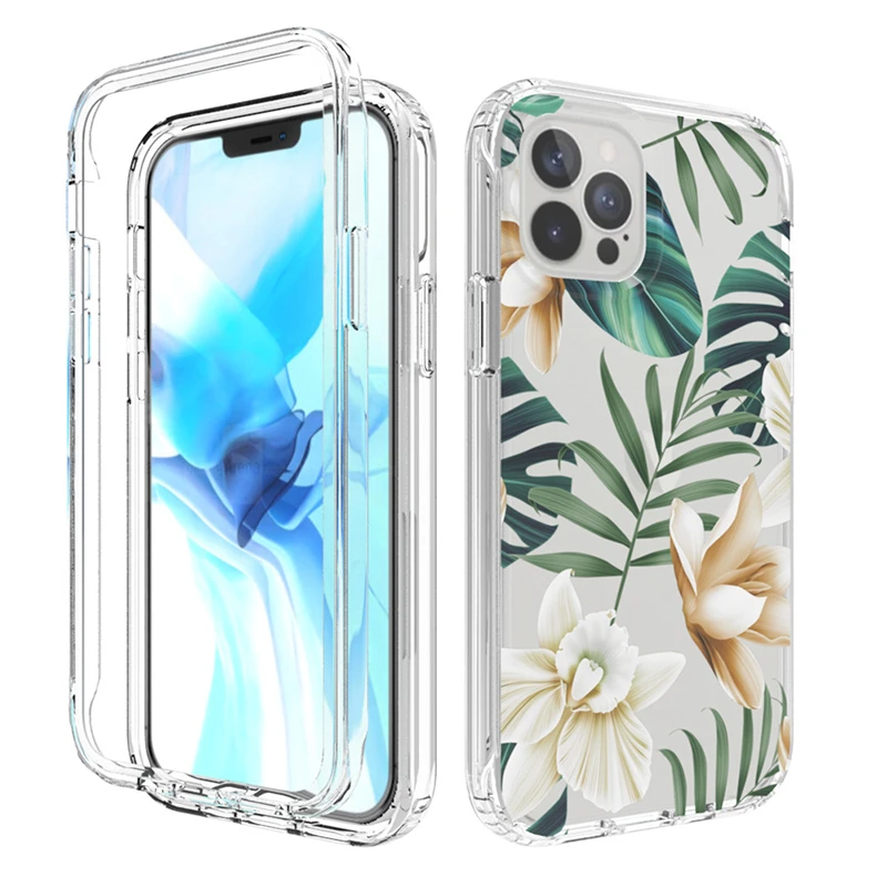 2 in 1 Flower Leaves Transparent Bumper Shockproof Phone Case For iPhone 11 12 13 Pro Max XR XS Max 7 8 Plus Silicone Hard Cover iphone 13 mini case iPhone 13 Mini